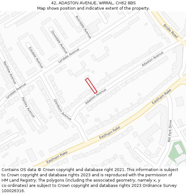 42, ADASTON AVENUE, WIRRAL, CH62 8BS: Location map and indicative extent of plot