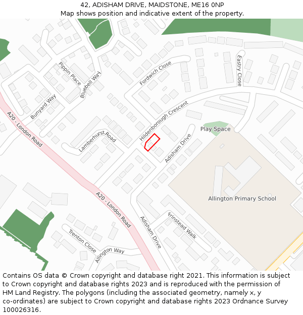 42, ADISHAM DRIVE, MAIDSTONE, ME16 0NP: Location map and indicative extent of plot