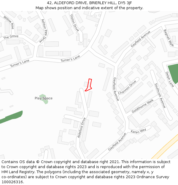 42, ALDEFORD DRIVE, BRIERLEY HILL, DY5 3JF: Location map and indicative extent of plot