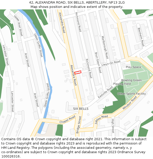 42, ALEXANDRA ROAD, SIX BELLS, ABERTILLERY, NP13 2LG: Location map and indicative extent of plot