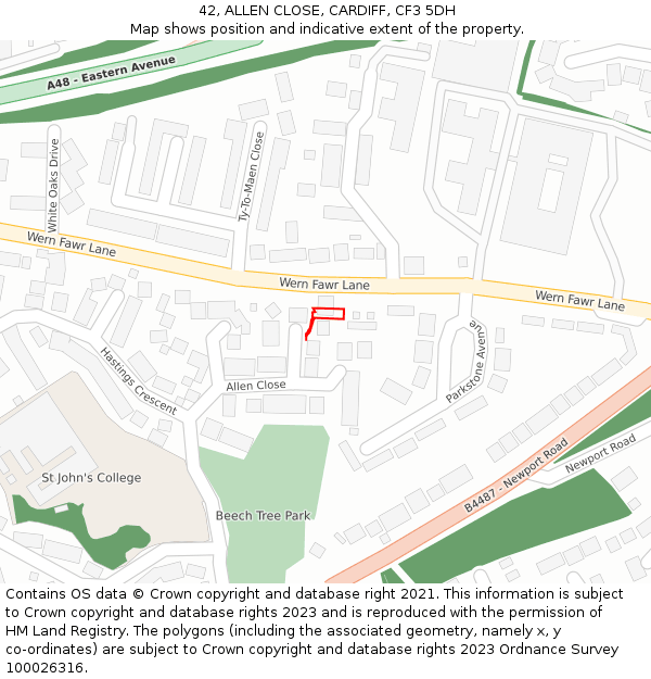 42, ALLEN CLOSE, CARDIFF, CF3 5DH: Location map and indicative extent of plot