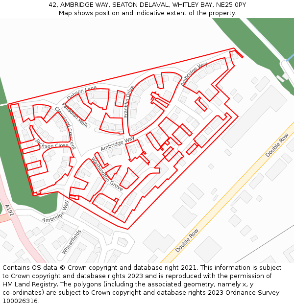 42, AMBRIDGE WAY, SEATON DELAVAL, WHITLEY BAY, NE25 0PY: Location map and indicative extent of plot