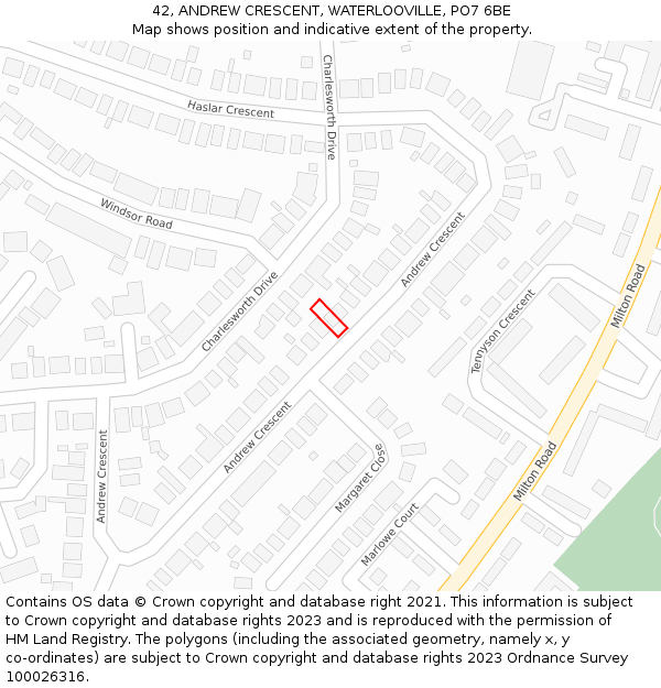 42, ANDREW CRESCENT, WATERLOOVILLE, PO7 6BE: Location map and indicative extent of plot