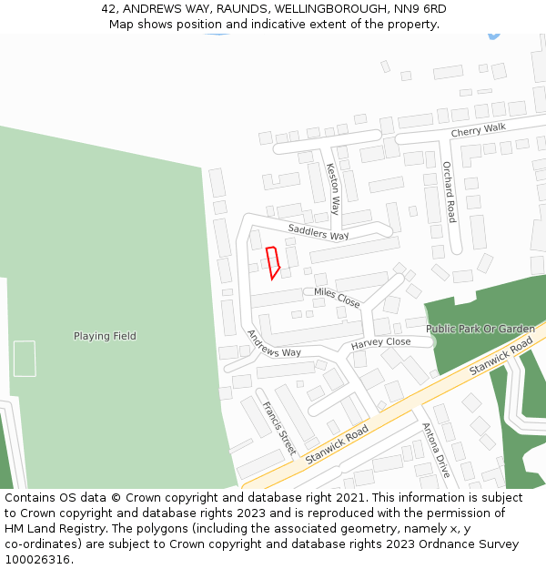 42, ANDREWS WAY, RAUNDS, WELLINGBOROUGH, NN9 6RD: Location map and indicative extent of plot
