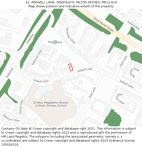 42, ARDWELL LANE, GREENLEYS, MILTON KEYNES, MK12 6LN: Location map and indicative extent of plot