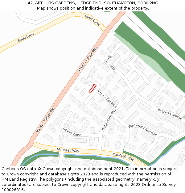 42, ARTHURS GARDENS, HEDGE END, SOUTHAMPTON, SO30 2NG: Location map and indicative extent of plot