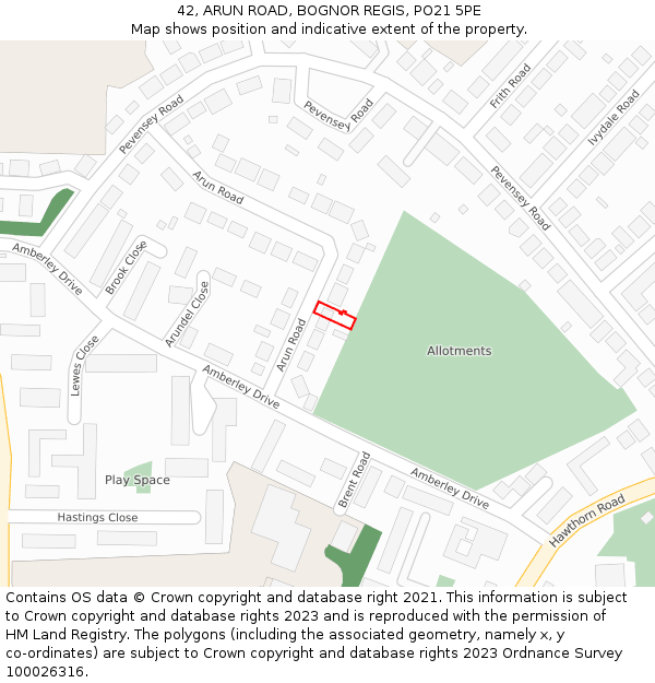 42, ARUN ROAD, BOGNOR REGIS, PO21 5PE: Location map and indicative extent of plot