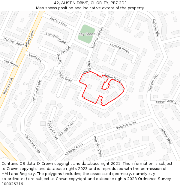 42, AUSTIN DRIVE, CHORLEY, PR7 3DF: Location map and indicative extent of plot