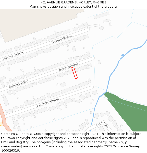 42, AVENUE GARDENS, HORLEY, RH6 9BS: Location map and indicative extent of plot