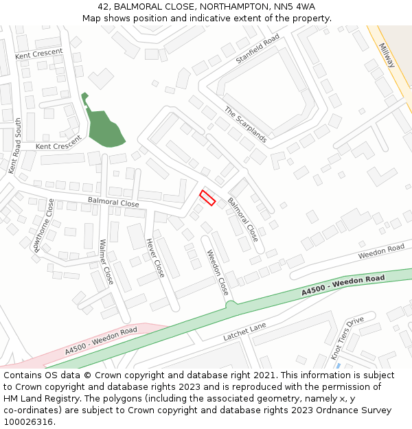 42, BALMORAL CLOSE, NORTHAMPTON, NN5 4WA: Location map and indicative extent of plot