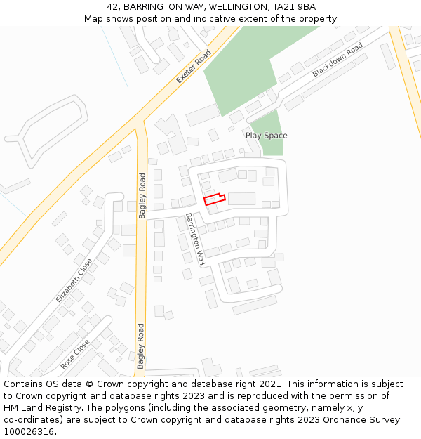 42, BARRINGTON WAY, WELLINGTON, TA21 9BA: Location map and indicative extent of plot