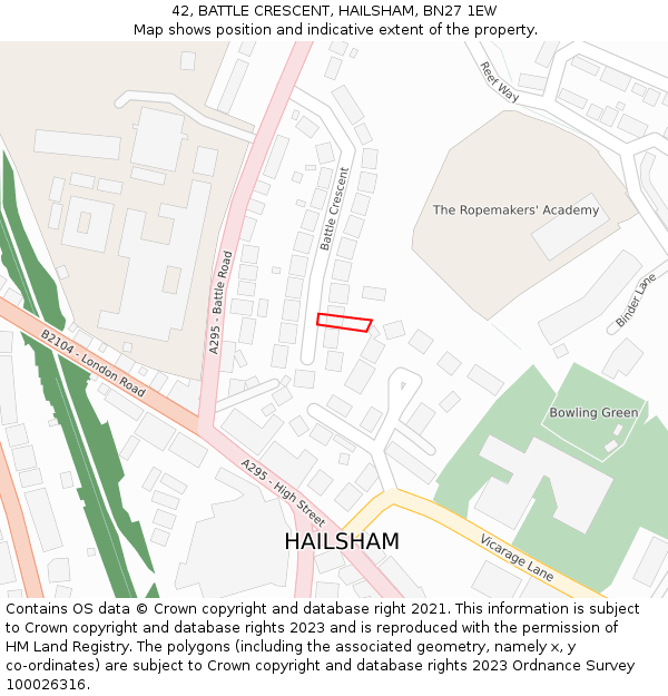 42, BATTLE CRESCENT, HAILSHAM, BN27 1EW: Location map and indicative extent of plot