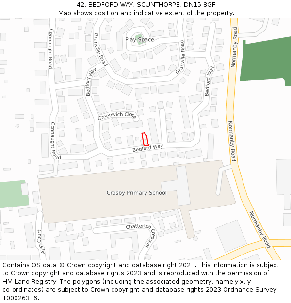 42, BEDFORD WAY, SCUNTHORPE, DN15 8GF: Location map and indicative extent of plot