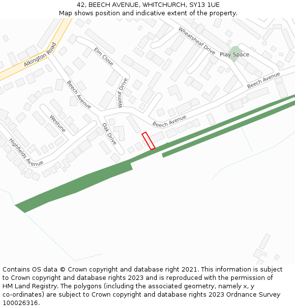 42, BEECH AVENUE, WHITCHURCH, SY13 1UE: Location map and indicative extent of plot