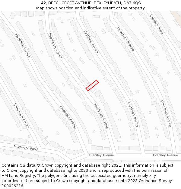 42, BEECHCROFT AVENUE, BEXLEYHEATH, DA7 6QS: Location map and indicative extent of plot