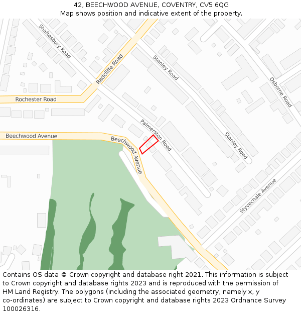 42, BEECHWOOD AVENUE, COVENTRY, CV5 6QG: Location map and indicative extent of plot