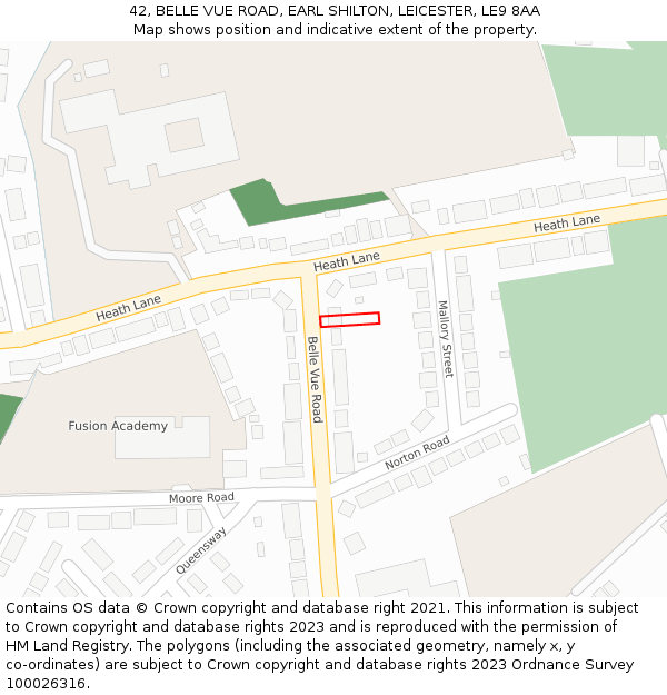 42, BELLE VUE ROAD, EARL SHILTON, LEICESTER, LE9 8AA: Location map and indicative extent of plot