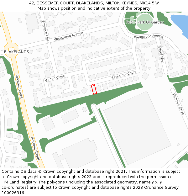 42, BESSEMER COURT, BLAKELANDS, MILTON KEYNES, MK14 5JW: Location map and indicative extent of plot