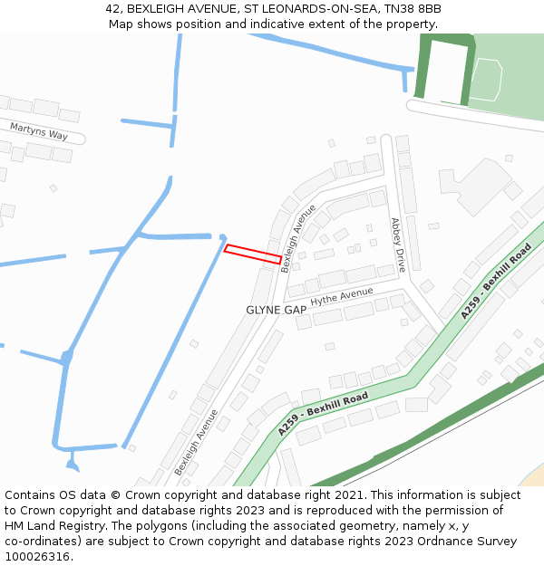 42, BEXLEIGH AVENUE, ST LEONARDS-ON-SEA, TN38 8BB: Location map and indicative extent of plot