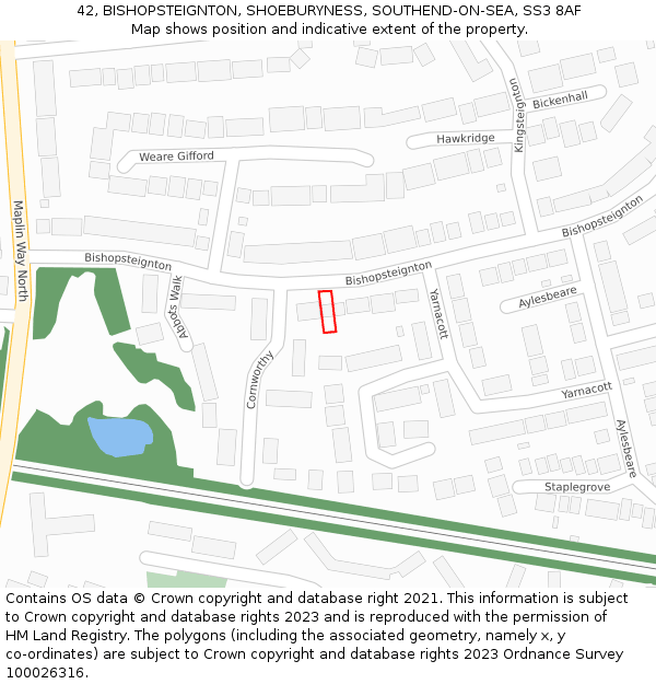 42, BISHOPSTEIGNTON, SHOEBURYNESS, SOUTHEND-ON-SEA, SS3 8AF: Location map and indicative extent of plot