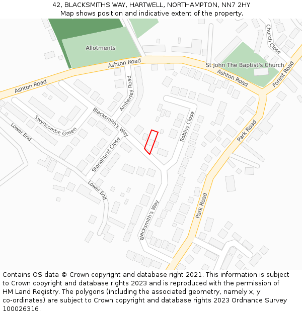 42, BLACKSMITHS WAY, HARTWELL, NORTHAMPTON, NN7 2HY: Location map and indicative extent of plot