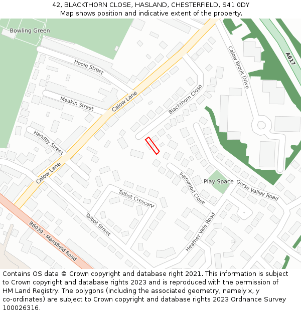 42, BLACKTHORN CLOSE, HASLAND, CHESTERFIELD, S41 0DY: Location map and indicative extent of plot