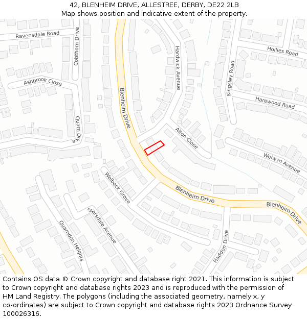 42, BLENHEIM DRIVE, ALLESTREE, DERBY, DE22 2LB: Location map and indicative extent of plot