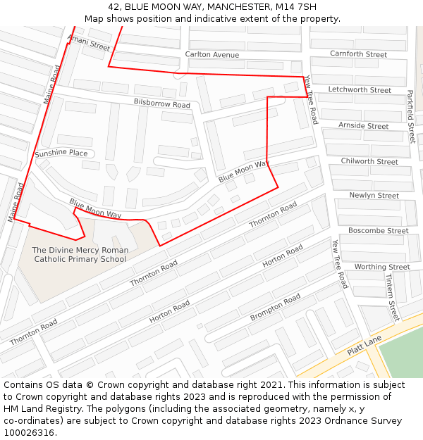 42, BLUE MOON WAY, MANCHESTER, M14 7SH: Location map and indicative extent of plot