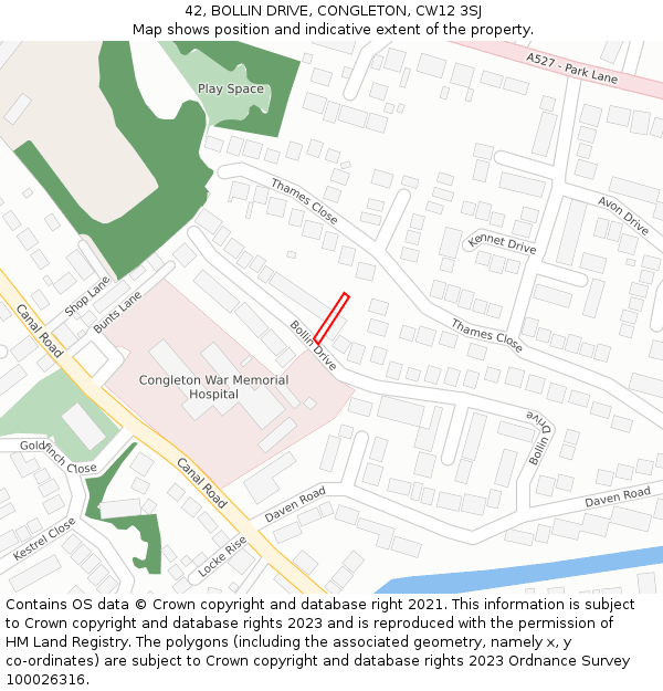 42, BOLLIN DRIVE, CONGLETON, CW12 3SJ: Location map and indicative extent of plot