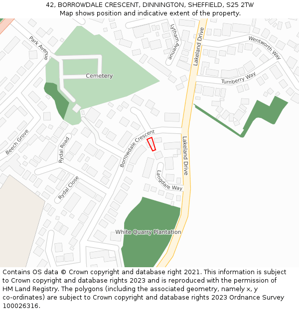 42, BORROWDALE CRESCENT, DINNINGTON, SHEFFIELD, S25 2TW: Location map and indicative extent of plot