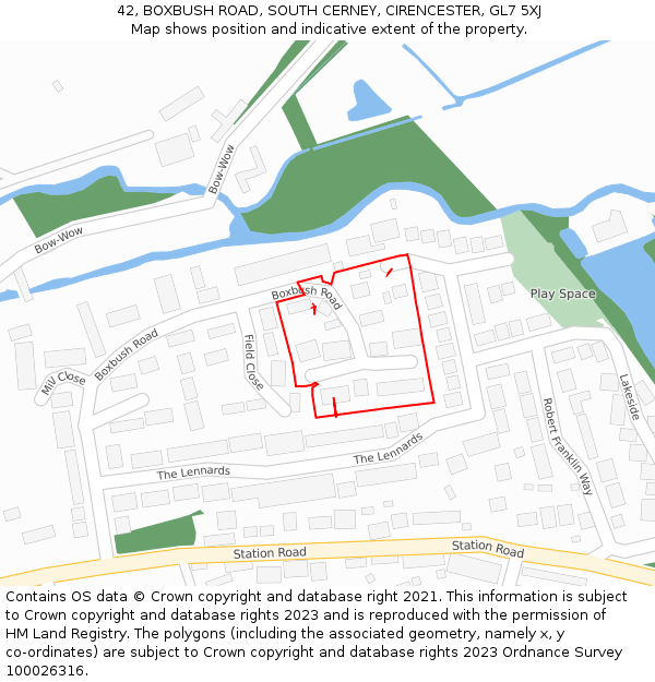 42, BOXBUSH ROAD, SOUTH CERNEY, CIRENCESTER, GL7 5XJ: Location map and indicative extent of plot