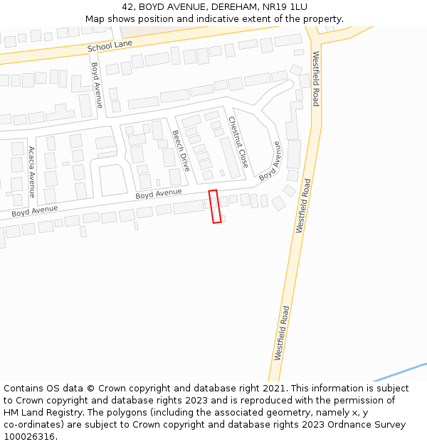 42, BOYD AVENUE, DEREHAM, NR19 1LU: Location map and indicative extent of plot