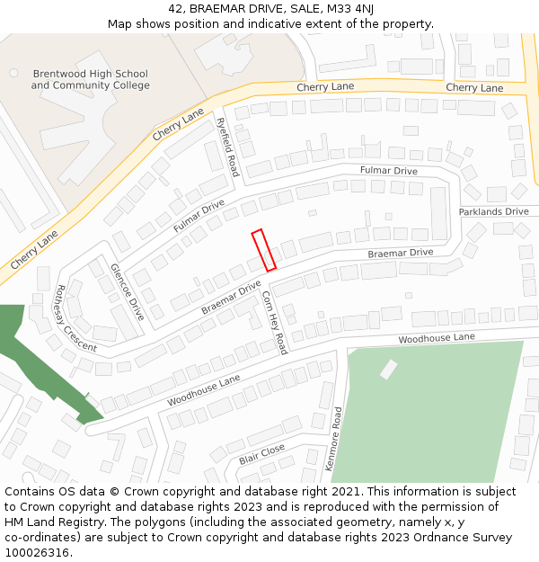 42, BRAEMAR DRIVE, SALE, M33 4NJ: Location map and indicative extent of plot