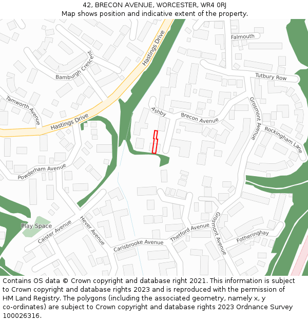 42, BRECON AVENUE, WORCESTER, WR4 0RJ: Location map and indicative extent of plot