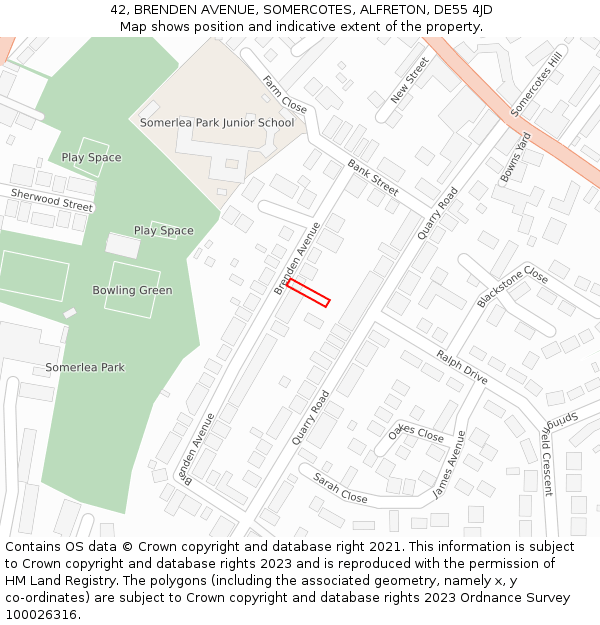 42, BRENDEN AVENUE, SOMERCOTES, ALFRETON, DE55 4JD: Location map and indicative extent of plot