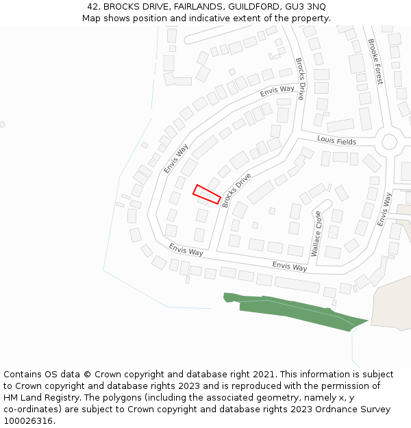 42, BROCKS DRIVE, FAIRLANDS, GUILDFORD, GU3 3NQ: Location map and indicative extent of plot