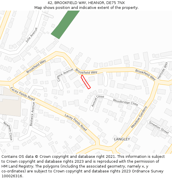 42, BROOKFIELD WAY, HEANOR, DE75 7NX: Location map and indicative extent of plot