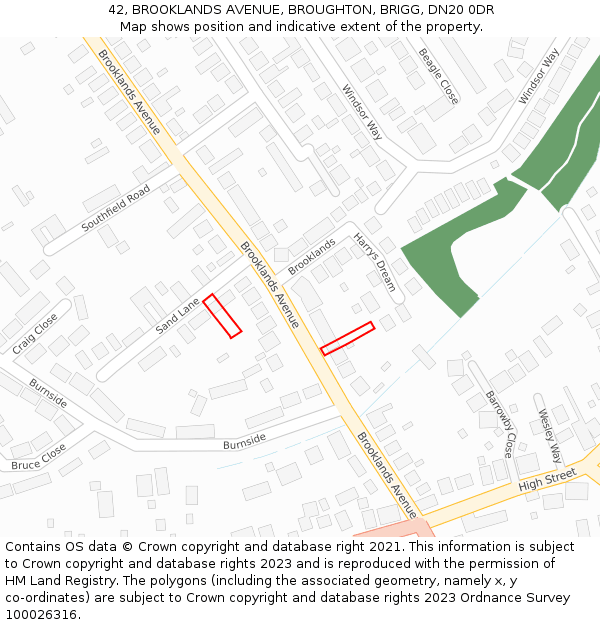 42, BROOKLANDS AVENUE, BROUGHTON, BRIGG, DN20 0DR: Location map and indicative extent of plot