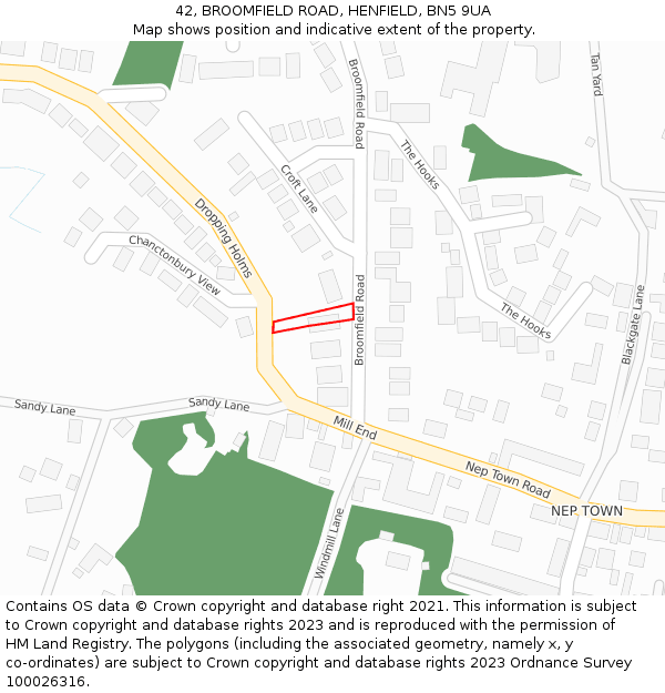 42, BROOMFIELD ROAD, HENFIELD, BN5 9UA: Location map and indicative extent of plot