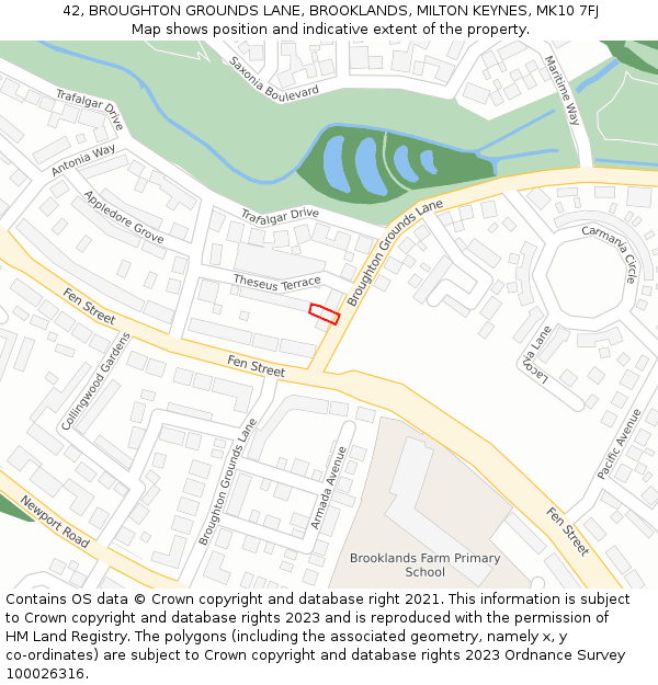 42, BROUGHTON GROUNDS LANE, BROOKLANDS, MILTON KEYNES, MK10 7FJ: Location map and indicative extent of plot