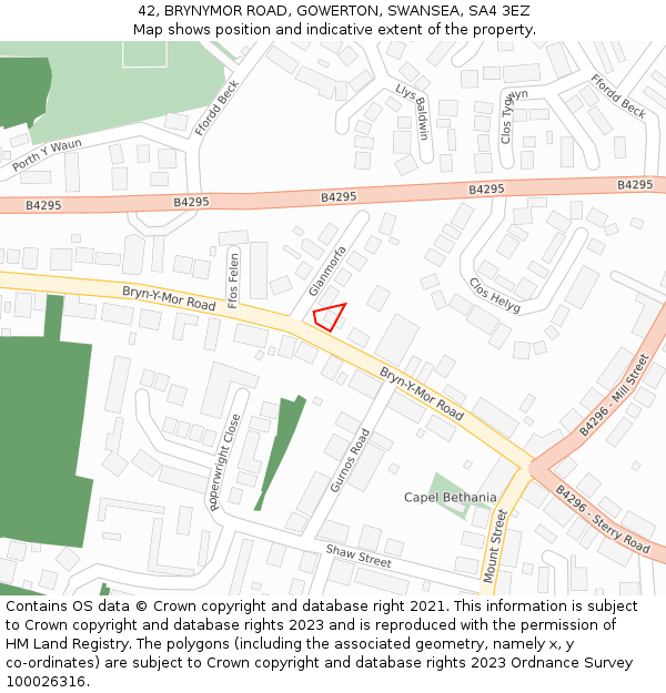 42, BRYNYMOR ROAD, GOWERTON, SWANSEA, SA4 3EZ: Location map and indicative extent of plot