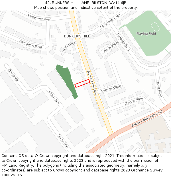 42, BUNKERS HILL LANE, BILSTON, WV14 6JR: Location map and indicative extent of plot