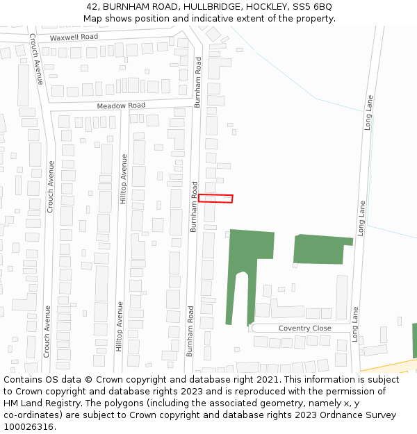 42, BURNHAM ROAD, HULLBRIDGE, HOCKLEY, SS5 6BQ: Location map and indicative extent of plot