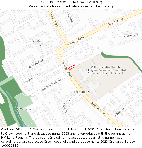 42, BUSHEY CROFT, HARLOW, CM18 6RQ: Location map and indicative extent of plot