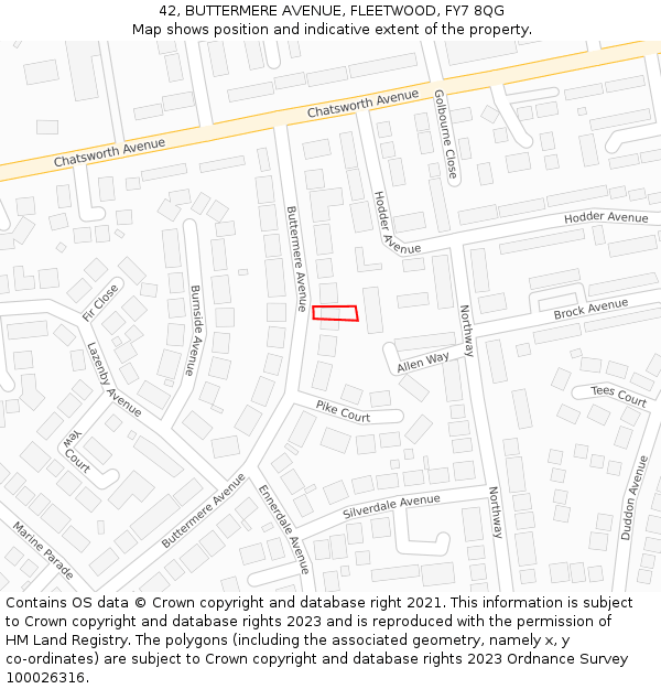 42, BUTTERMERE AVENUE, FLEETWOOD, FY7 8QG: Location map and indicative extent of plot