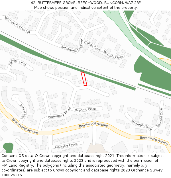 42, BUTTERMERE GROVE, BEECHWOOD, RUNCORN, WA7 2RF: Location map and indicative extent of plot