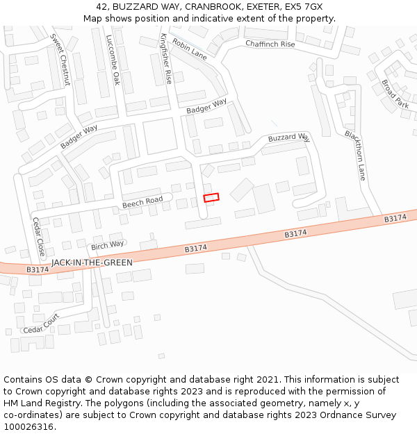 42, BUZZARD WAY, CRANBROOK, EXETER, EX5 7GX: Location map and indicative extent of plot