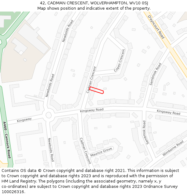 42, CADMAN CRESCENT, WOLVERHAMPTON, WV10 0SJ: Location map and indicative extent of plot