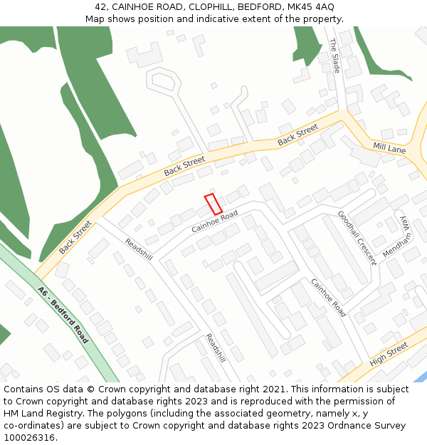 42, CAINHOE ROAD, CLOPHILL, BEDFORD, MK45 4AQ: Location map and indicative extent of plot