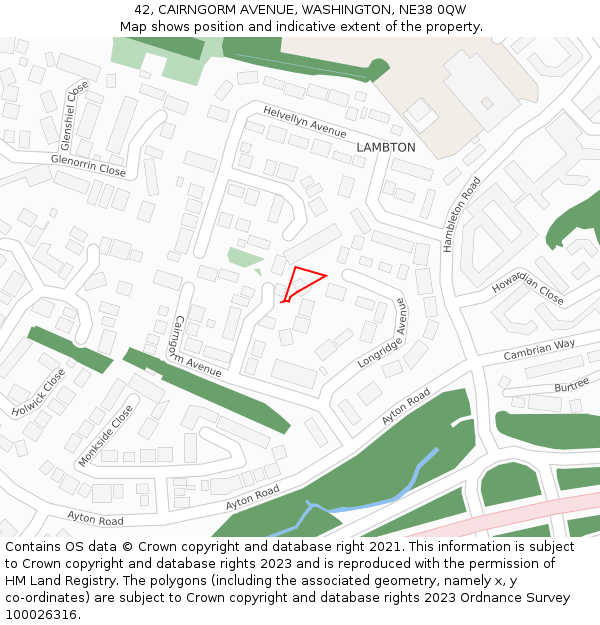 42, CAIRNGORM AVENUE, WASHINGTON, NE38 0QW: Location map and indicative extent of plot